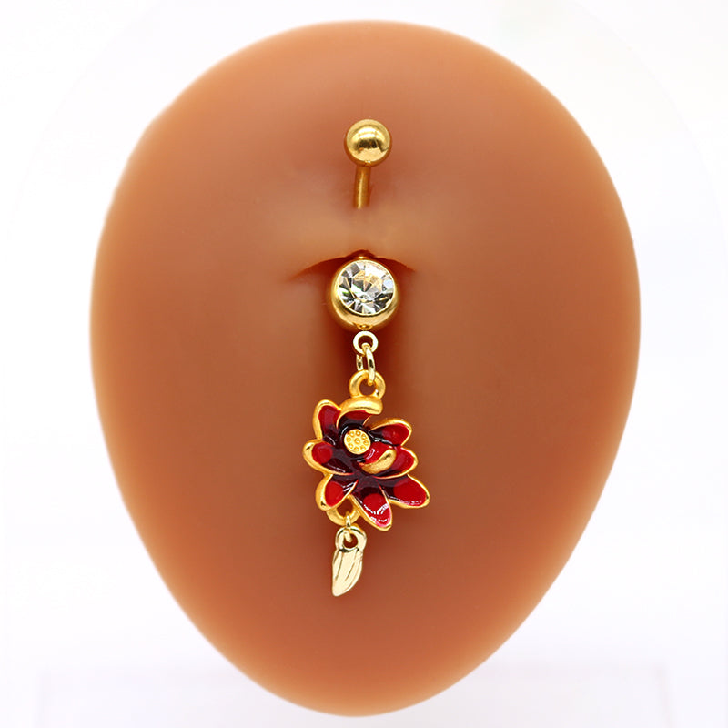 1 Piece Belly Rings Sweet Pastoral Water Droplets Rose Flower Stainless Steel Alloy Inlay Acrylic Rhinestones White Gold Plated Gold Plated
