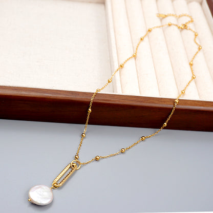 Freshwater Pearl Titanium Steel Gold Plated Vintage Style Baroque Style Round Chain Pendant Necklace