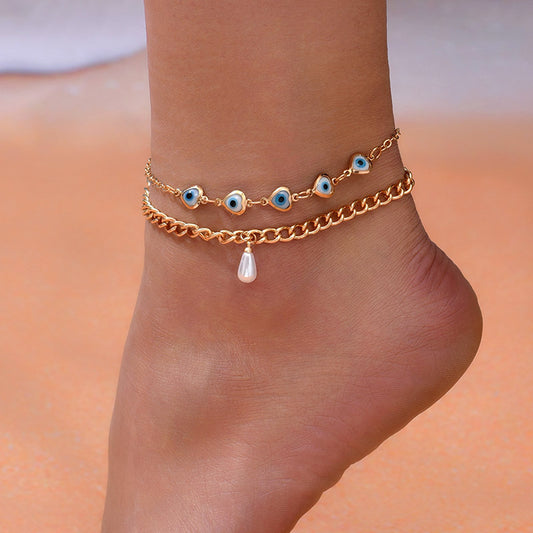 Simple Style Devil's Eye Heart Shape Alloy Layered Inlay Pearl Women's Anklet