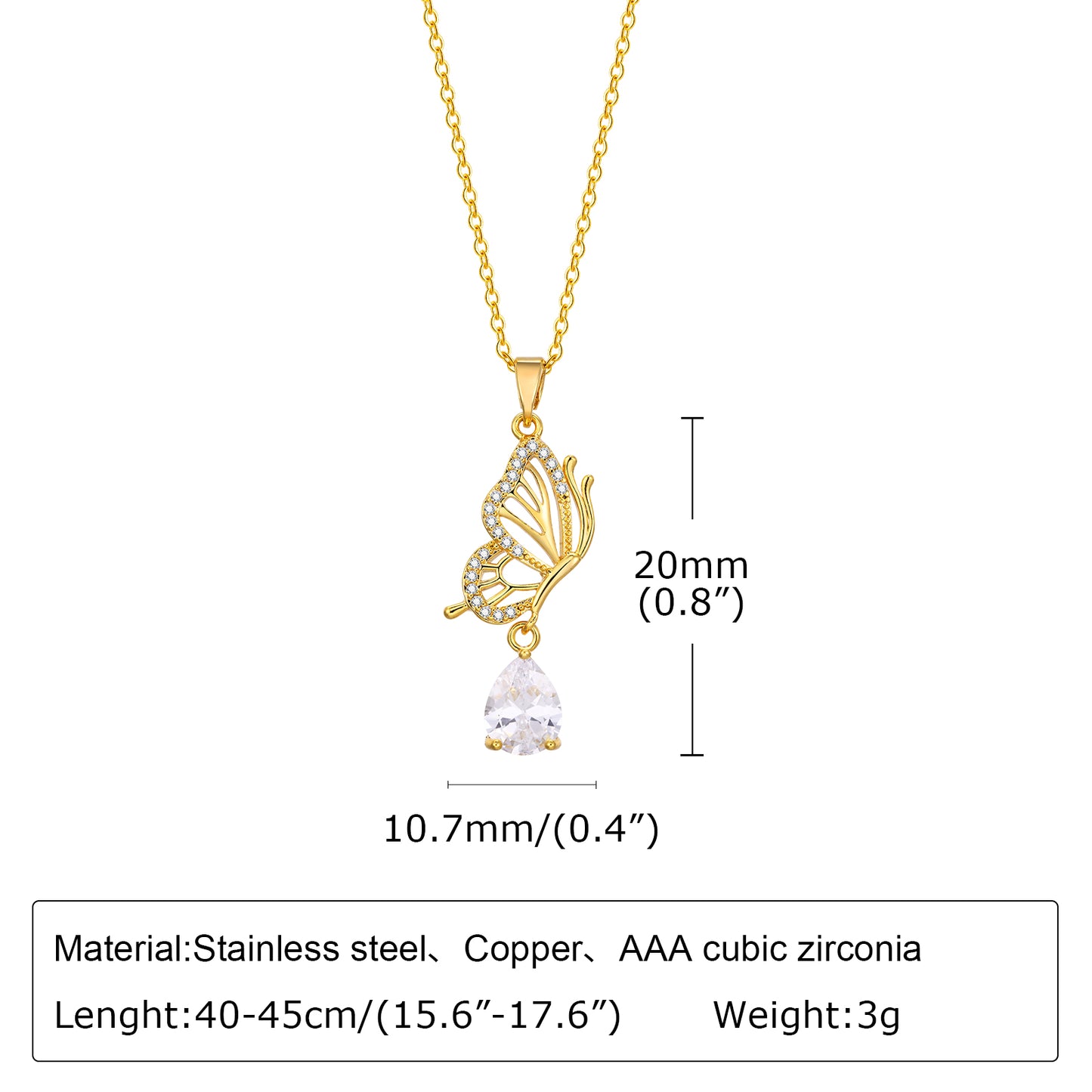 Stainless Steel Copper 18K Gold Plated Pastoral Shiny Butterfly Zircon Pendant Necklace