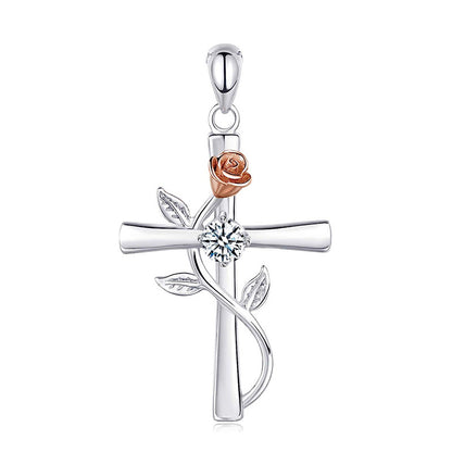 Sterling Silver Elegant Simple Style Cross Rose Plating Pendant Necklace