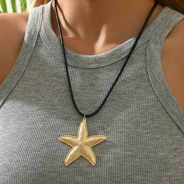Exaggerated Beach Starfish Leather Rope Iron Women's Pendant Necklace