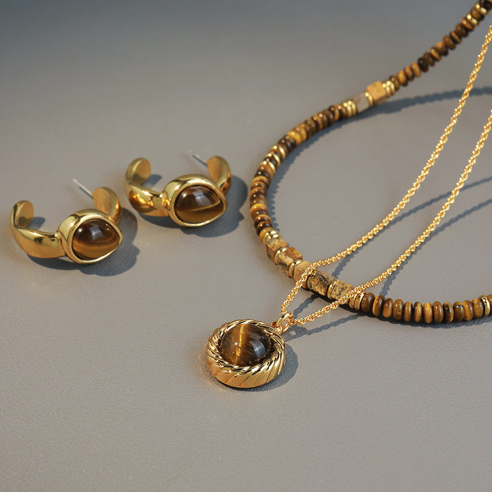 Stainless Steel Tiger Eye Copper Vintage Style Geometric Round Water Droplets Handmade Jewelry Set