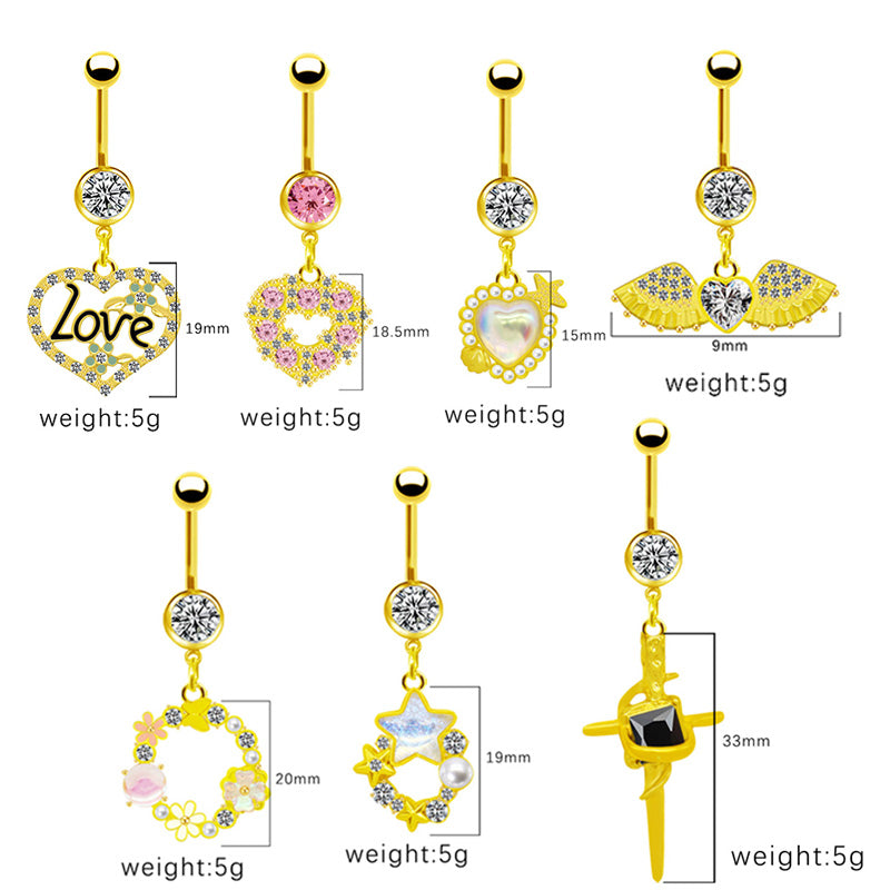 1 Piece Belly Rings Simple Style Shiny Star Heart Shape Wings Stainless Steel Alloy Copper Hollow Out Inlay Rhinestones Glass Zircon Gold Plated