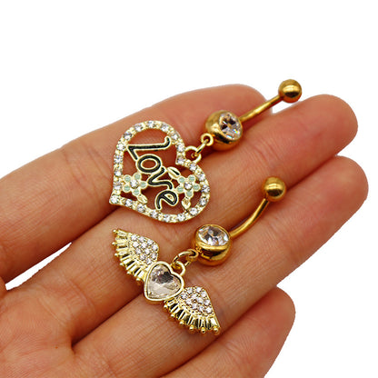 1 Piece Belly Rings Simple Style Shiny Star Heart Shape Wings Stainless Steel Alloy Copper Hollow Out Inlay Rhinestones Glass Zircon Gold Plated