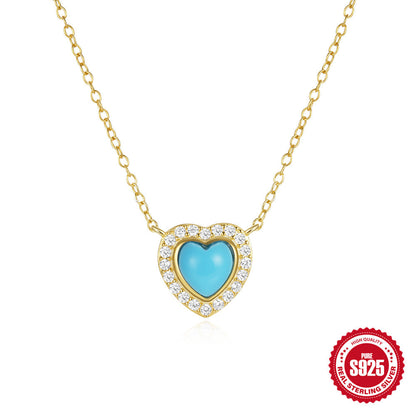 Sterling Silver Simple Style Heart Shape Plating Inlay Turquoise Zircon Necklace