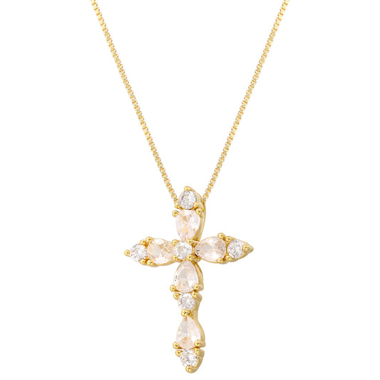Brass 18K Gold Plated Hip-Hop Luxurious Cool Style Cross Inlay Zircon Pendant Necklace