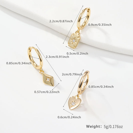 3 Pieces Set Vacation Square Heart Shape Rhombus Plating Sterling Silver Zircon White Gold Plated Gold Plated Drop Earrings
