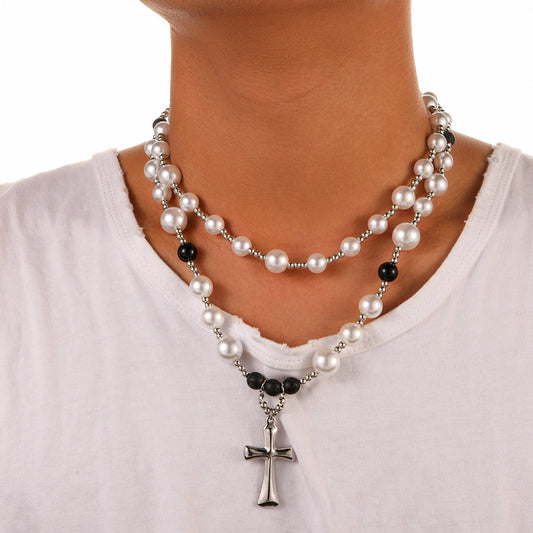 Rock Simple Style Streetwear Cross Stainless Steel Beaded Pearl Men's Pendant Necklace