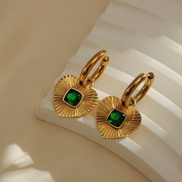 1 Pair IG Style Sector Heart Shape Inlay Stainless Steel Turquoise Rhinestones 18K Gold Plated Earrings