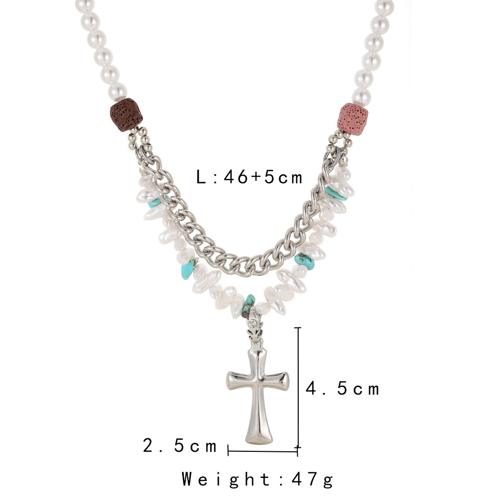 Hip-Hop Cross Stainless Steel Beaded Inlay Artificial Pearls Men's Necklace