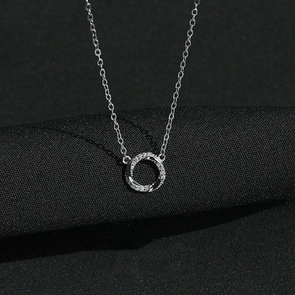 Sterling Silver Elegant Round Inlay Rhinestones Pendant Necklace