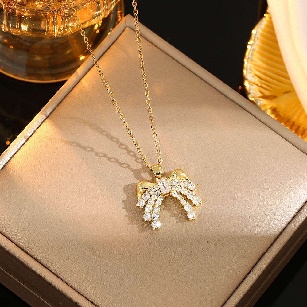 Stainless Steel Gold Plated Silver Plated Casual Commute Heart Shape Mermaid Bow Knot Hollow Out Inlay Zircon Pendant Necklace