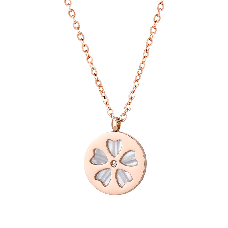 Stainless Steel 18K Gold Plated Rose Gold Plated IG Style Elegant Sweet Flower Petal Polishing Inlay Rhinestones Shell Pendant Necklace