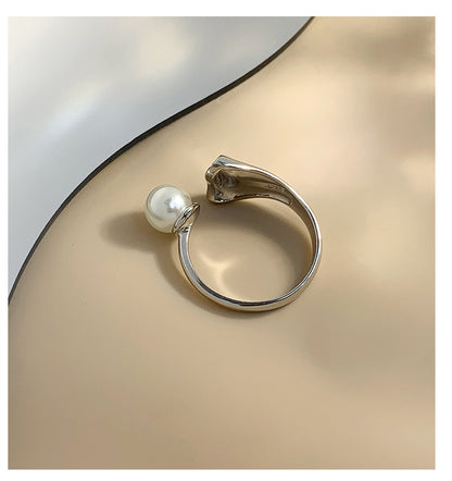 Sterling Silver White Gold Plated Elegant Glam Geometric Polishing Inlay Freshwater Pearl Zircon Open Rings