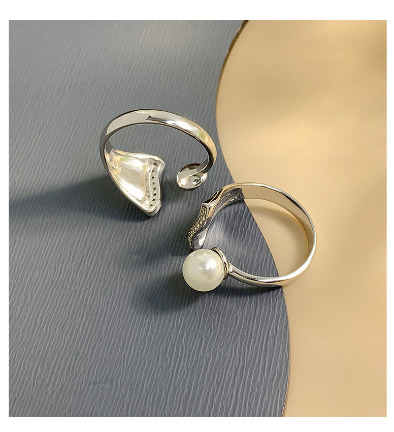 Sterling Silver White Gold Plated Elegant Glam Geometric Polishing Inlay Freshwater Pearl Zircon Open Rings