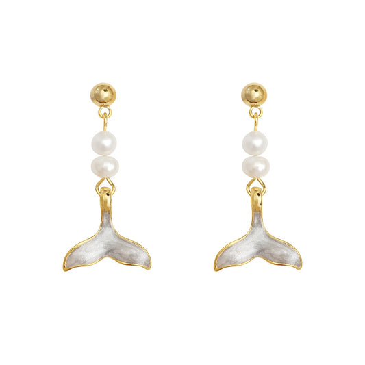 1 Pair Nordic Style Sweet Simple Style Fish Tail Enamel Pearl Copper 18K Gold Plated Drop Earrings Ear Cuffs