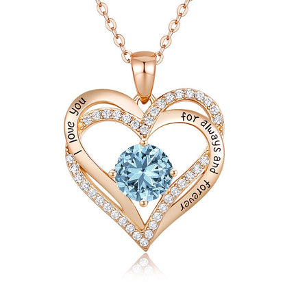 Sterling Silver MAMA Simple Style Shiny Letter Heart Shape Inlay Birthstone Zircon Pendant Necklace
