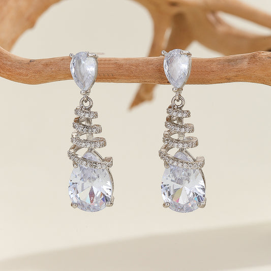 1 Pair Casual Elegant Water Droplets Copper Zircon Silver Plated Drop Earrings