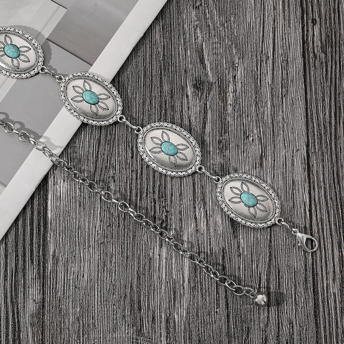 Vacation Ethnic Style Bohemian Star Oval Flower Zinc Alloy Inlay Turquoise Silver Plated Women's Waist Chain