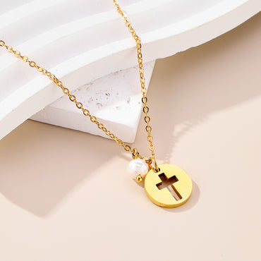 Stainless Steel Baroque Pearls Simple Style Cross Hollow Out Carving Pendant Necklace