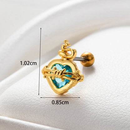 1 Piece Simple Style Heart Shape Eye Key Inlay Stainless Steel Copper Zircon Hoop Earrings