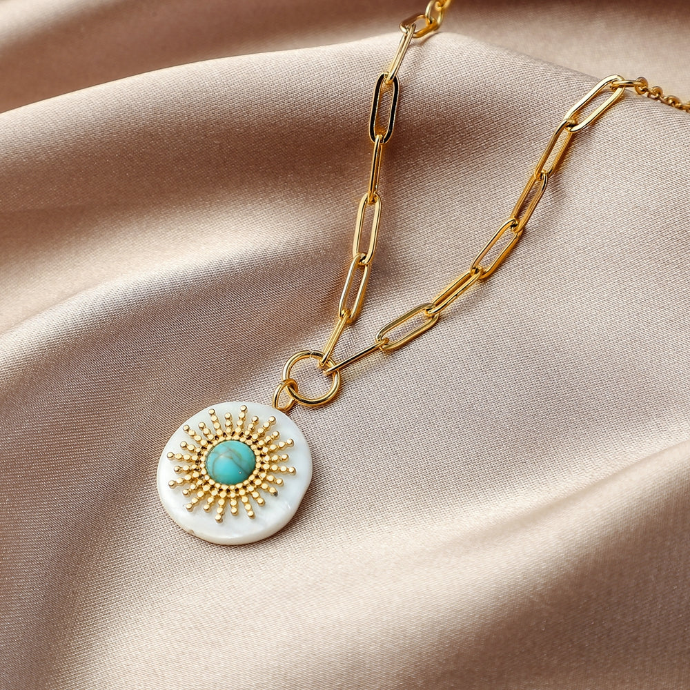 Stainless Steel 18K Gold Plated Vintage Style Sun Pendant Necklace