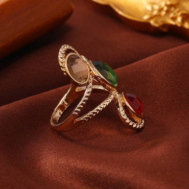 Wholesale Jewelry Elegant Luxurious Geometric Alloy Artificial Gemstones Gold Plated Inlay Rings