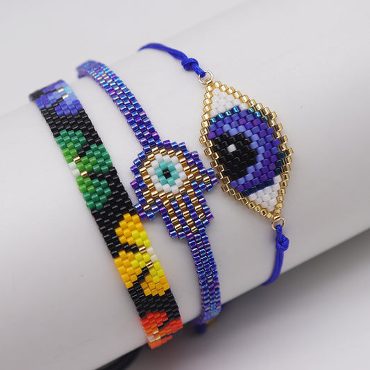 Hip-Hop Vintage Style Devil's Eye Palm Flower Glass Knitting Women's Bracelets