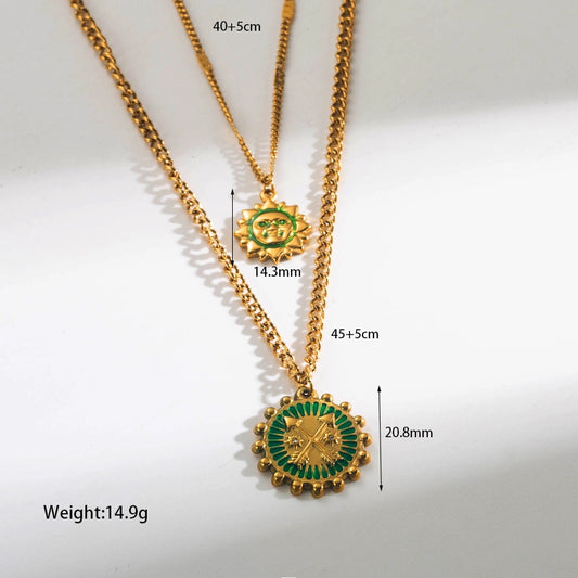 Stainless Steel 18K Gold Plated Modern Style Cool Style Sun Enamel Double Layer Necklaces