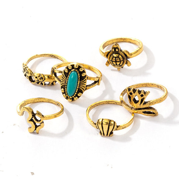 Vintage Beauty Head Alloy Coin Cross Pattern Rhinestone Love Ring Set Nhgy125437
