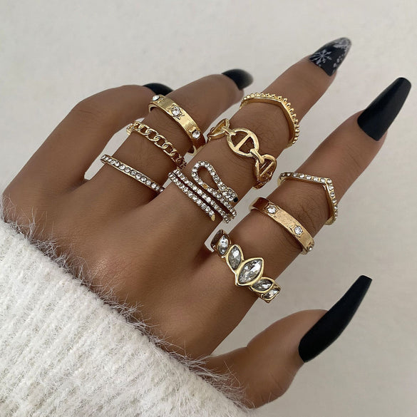 Vintage Beauty Head Alloy Coin Cross Pattern Rhinestone Love Ring Set Nhgy125437