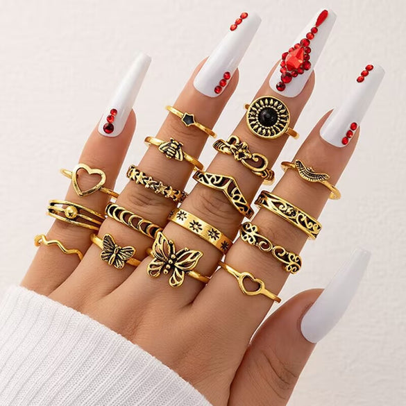 Vintage Beauty Head Alloy Coin Cross Pattern Rhinestone Love Ring Set Nhgy125437