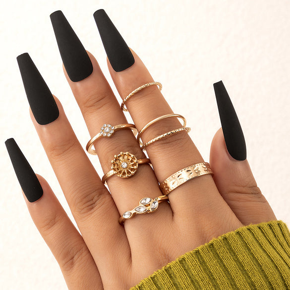 Vintage Beauty Head Alloy Coin Cross Pattern Rhinestone Love Ring Set Nhgy125437