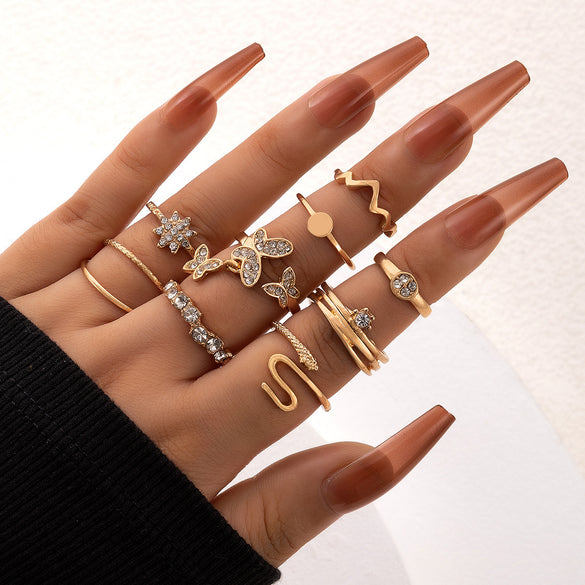 Vintage Beauty Head Alloy Coin Cross Pattern Rhinestone Love Ring Set Nhgy125437