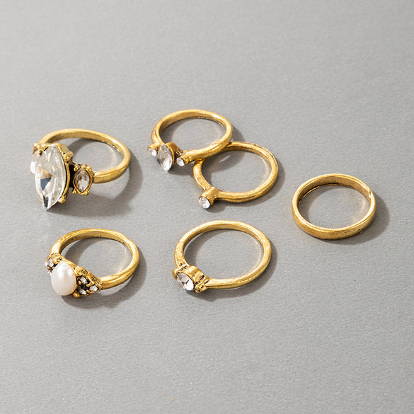 Vintage Beauty Head Alloy Coin Cross Pattern Rhinestone Love Ring Set Nhgy125437