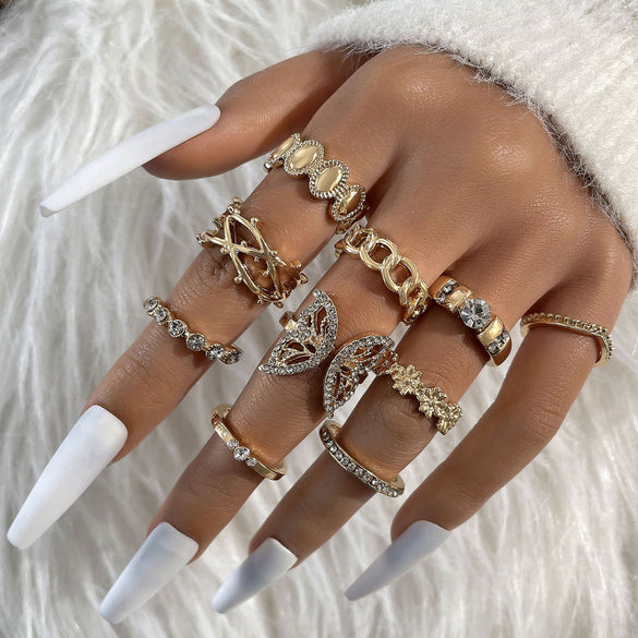 Vintage Beauty Head Alloy Coin Cross Pattern Rhinestone Love Ring Set Nhgy125437
