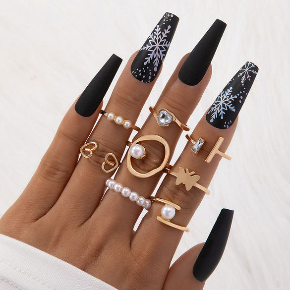 Vintage Beauty Head Alloy Coin Cross Pattern Rhinestone Love Ring Set Nhgy125437