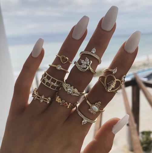 Vintage Beauty Head Alloy Coin Cross Pattern Rhinestone Love Ring Set Nhgy125437