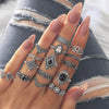 Retro Diamond-studded Turquoise Geometric Ring Set