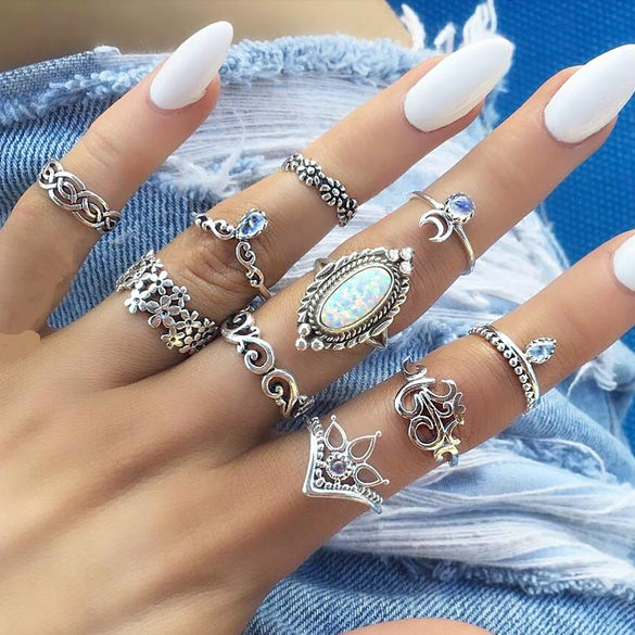 Retro Diamond-studded Turquoise Geometric Ring Set