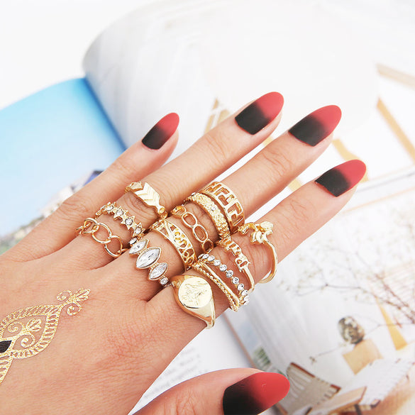 Retro Diamond-studded Turquoise Geometric Ring Set