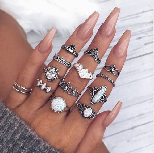 Retro Diamond-studded Turquoise Geometric Ring Set