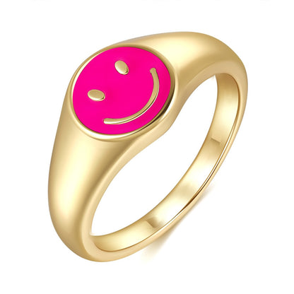 Cross-border European And American New Cute Smiling Face Ring Women's Simple Women's 18k Gold Drop Oil Copper Ring Color Retention