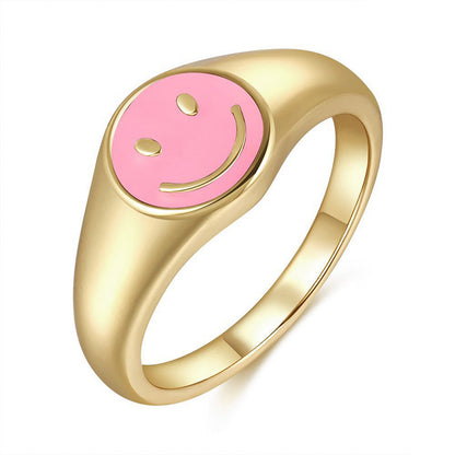 Cross-border European And American New Cute Smiling Face Ring Women's Simple Women's 18k Gold Drop Oil Copper Ring Color Retention