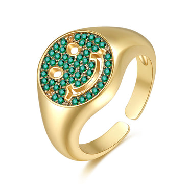 Classic Hollow Smiley Face Green Zircon Open Adjustable Ring
