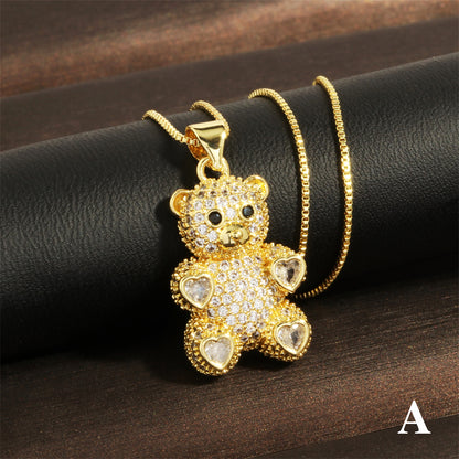 Cute Simple Style Bear Heart Shape Copper 18k Gold Plated Zircon Pendant Necklace In Bulk