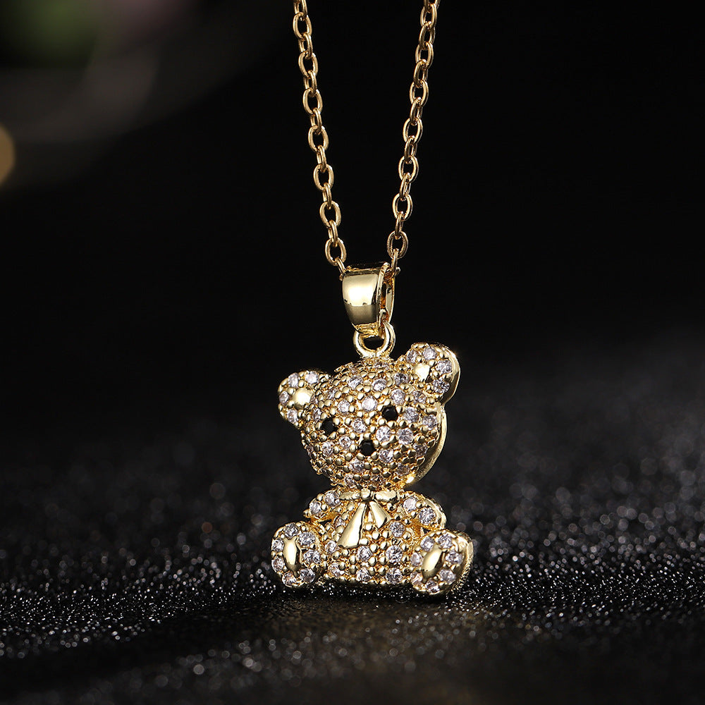 Cartoon Style Bear Copper Inlay Zircon Pendant Necklace
