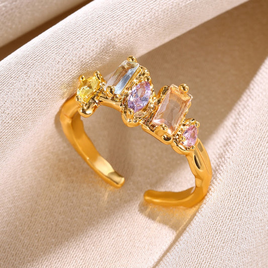 Wholesale Fairy Style Modern Style Colorful Color Block Copper Plating Inlay 18K Gold Plated Zircon Open Rings