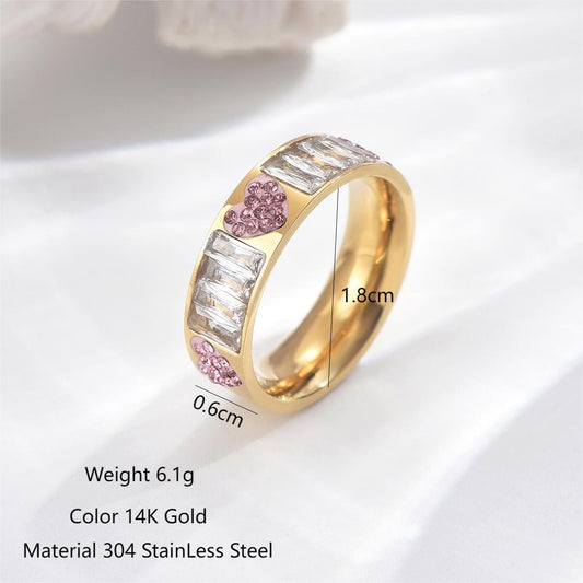 304 Stainless Steel 14K Gold Plated Vacation Sweet Plating Inlay Heart Shape Rectangle Rhinestones Zircon Rings